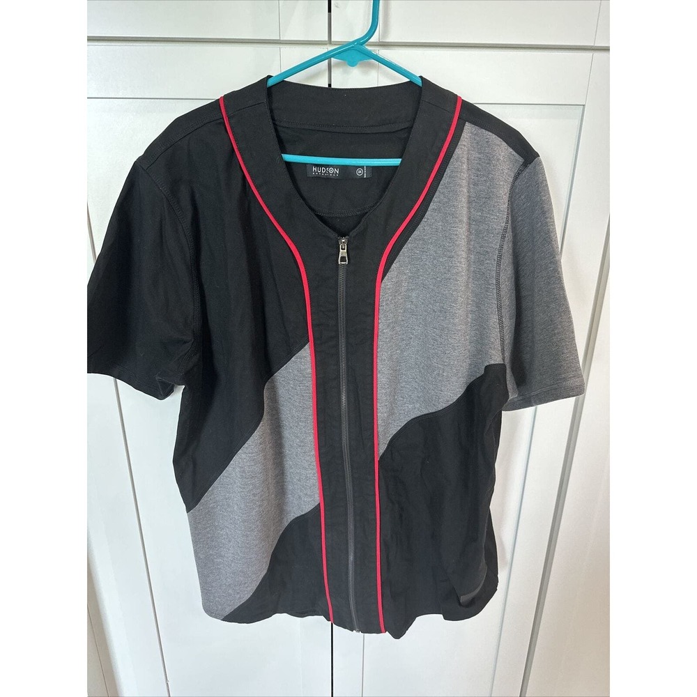 Hudson OuterWear Full Zip Baseball Theme Shirt Black And Gray Mens